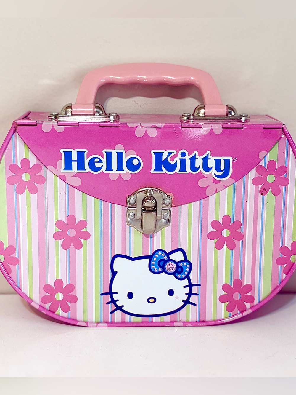 Vintage Hello Kitty Pink Floral Carry Case Retro Striped Tin Lunchbox- Metal Box